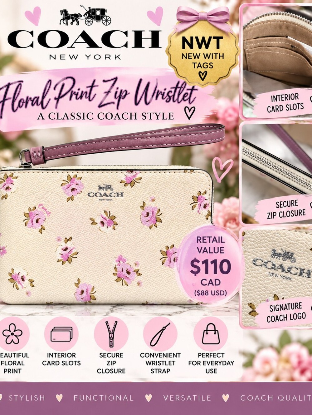 NWT Coach Floral Corner Zip Wristlet Chalk Lavender Flowers